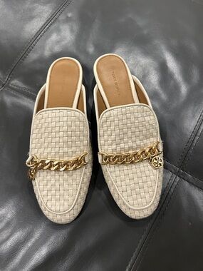 Tory Burch Cream Woven Chain-Trim Mule
